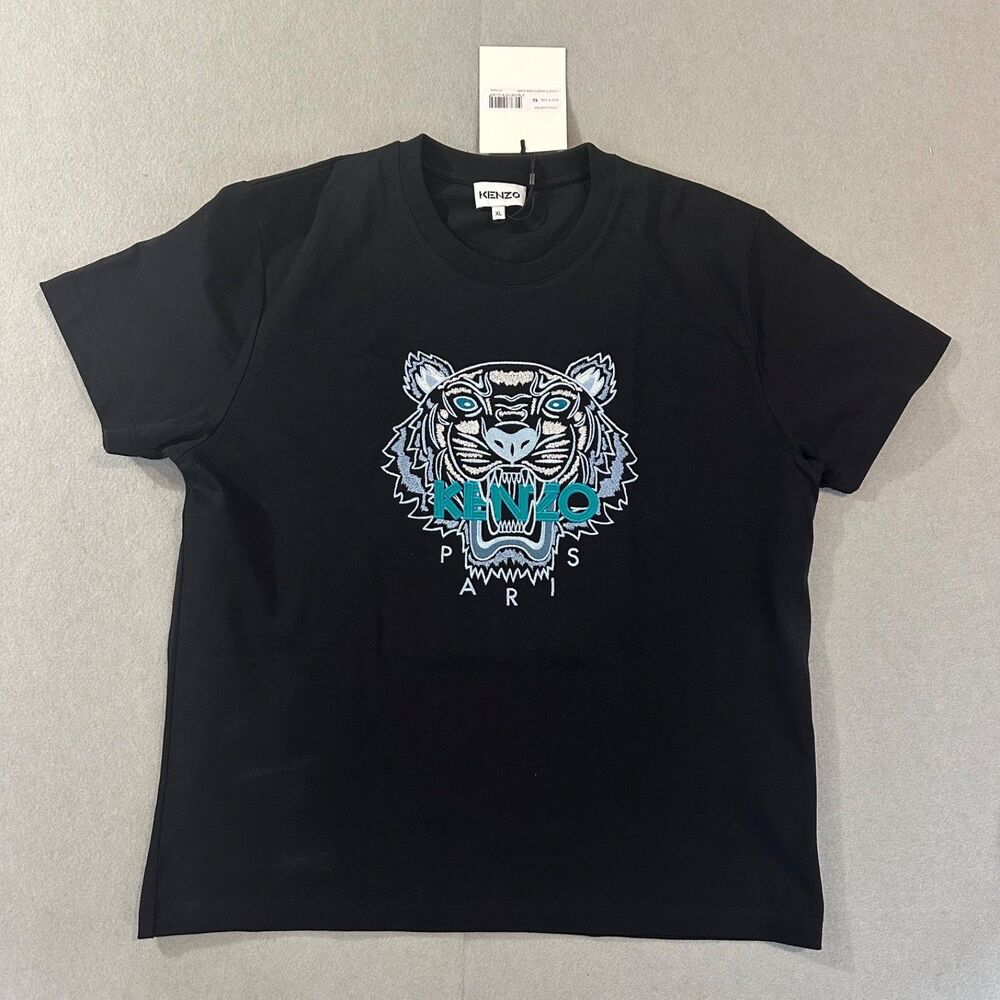 NWT Kenzo Paris Embroidered Tiger Motif Loose T-Shirt Black Blue White Size XL